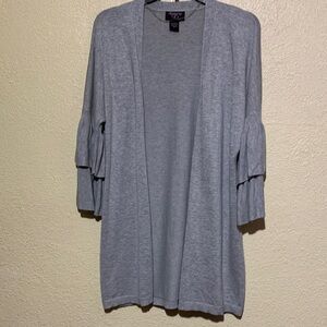 Hooked Up Sweater M Long Open Cardigan M Light Gray Tiered Ruffle Sleeves Rayon